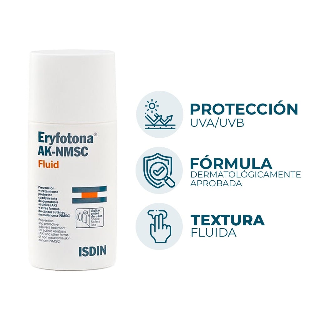 Protector solar médico Isdin Eryfotona AK-NMSC Fluid de 50ml para prevención de queratosis.