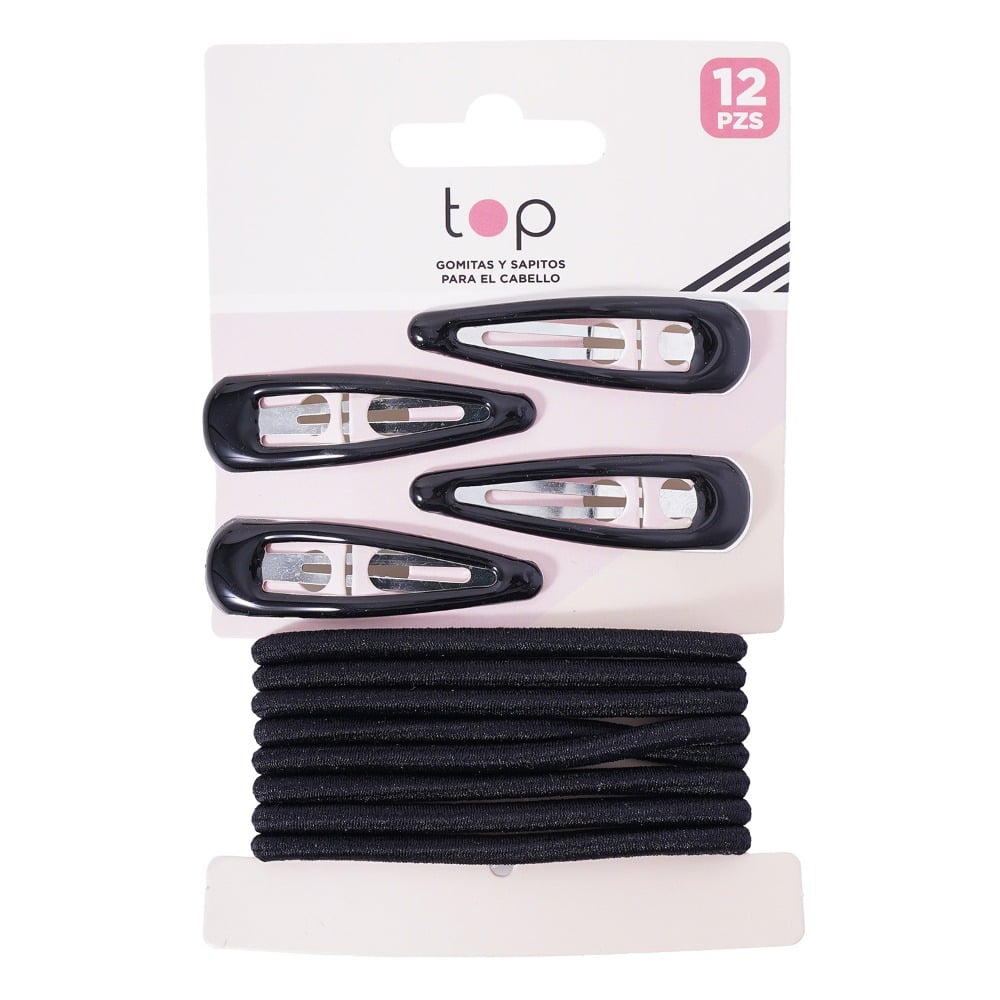 Set de Gomitas y Broches para el Pelo Top Negro 12 Unidades