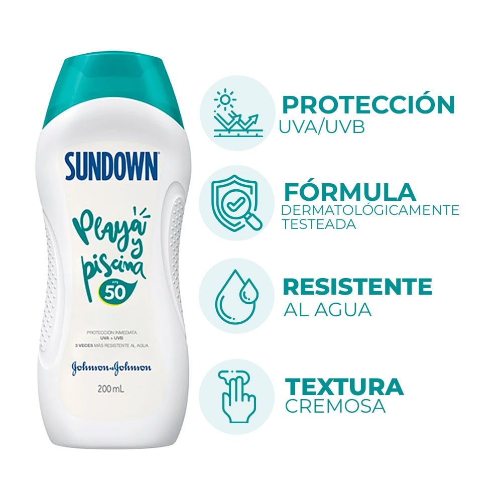 Sundown Loción Protector Solar FPS 50 200ml. Tubo de protector solar blanco, ideal para máxima protección familiar.