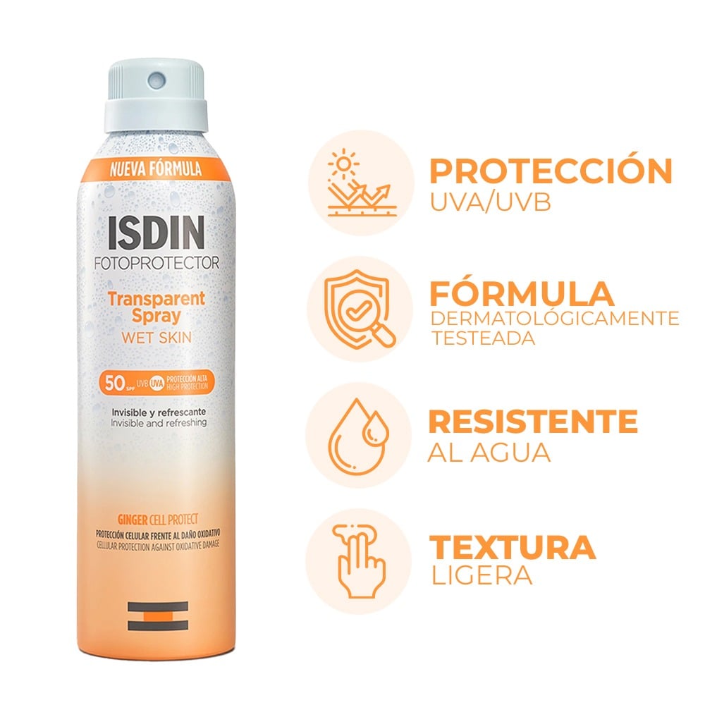 Protector solar corporal Isdin Fotoprotector Transparent Spray FPS50 de 250ml.