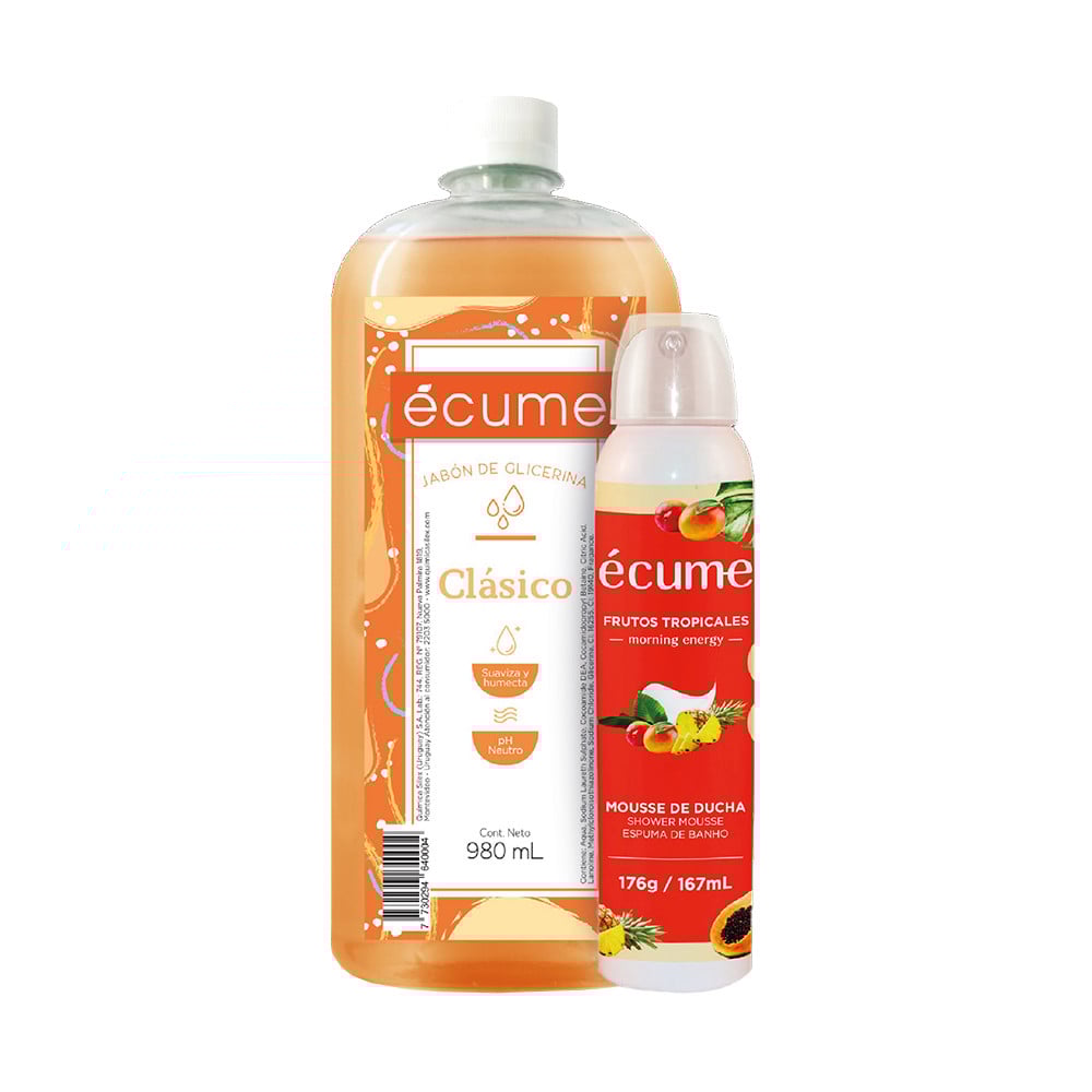 Jabón Líquido Écume Clásico para Manos Refill 980 ml + Mousse de Ducha Frutos Tropicales Corporal 167 ml