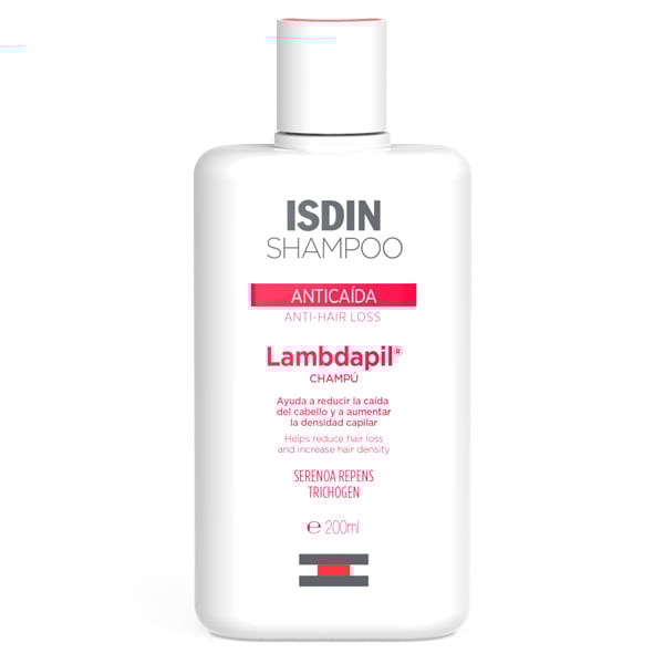 Shampoo anticaída Isdin Lambdapil para fortalecer el cabello y reducir la caída.