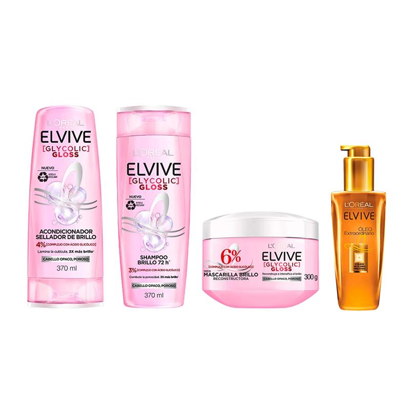 Combo Elvive Glycolic Gloss Shampoo, Acondicionador, Mascarilla y Tratamiento óleo Extraordinario
