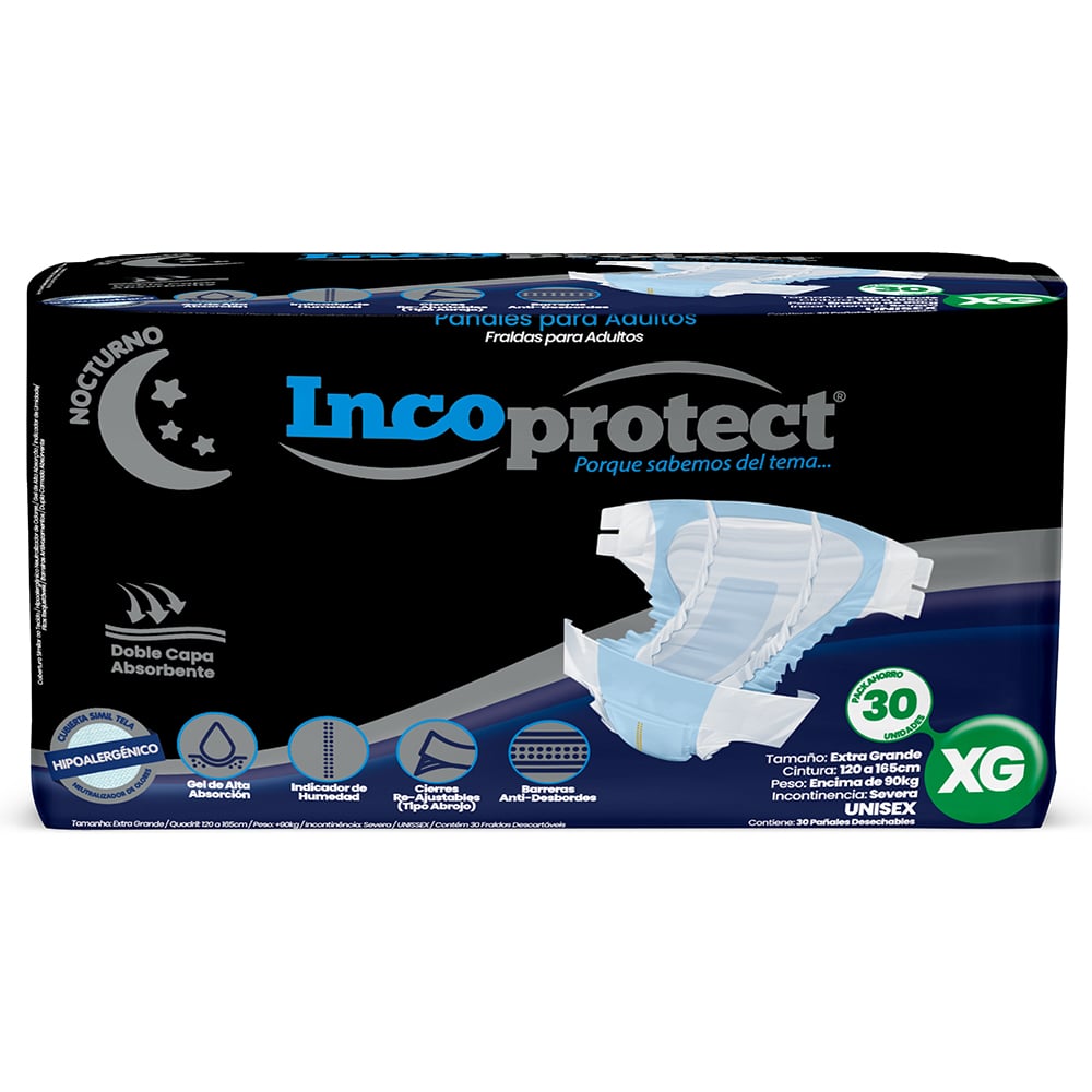 Empaque de 30 pañales para adultos Incoprotect Nocturno talle Extra Grande (XG)