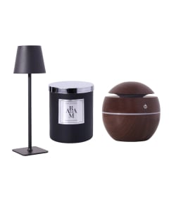 Combo Farma Hogar Vela Decorativa, Humidificador Difusor Ovalado Colores Surtidos y Lámpara de Luz Led Táctil Recargable