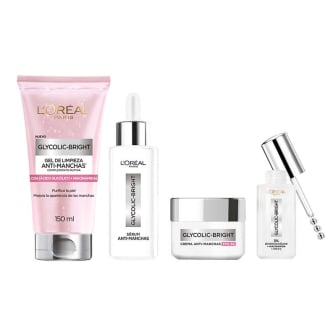 Combo L'oréal Paris Dermo Expertise Glycolic Bright Gel De Limpieza 150 Ml, Sérum 30 Ml, Sérum De Ojos 20 G y Crema De Día 50 Ml
