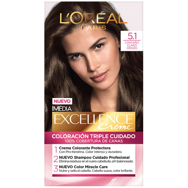 TINTURA PERMANENTE EXCELLENCE CREME DE L'ORÉAL PARÍS 5.1 CASTAÑO CLARO CENIZA X 47 GR