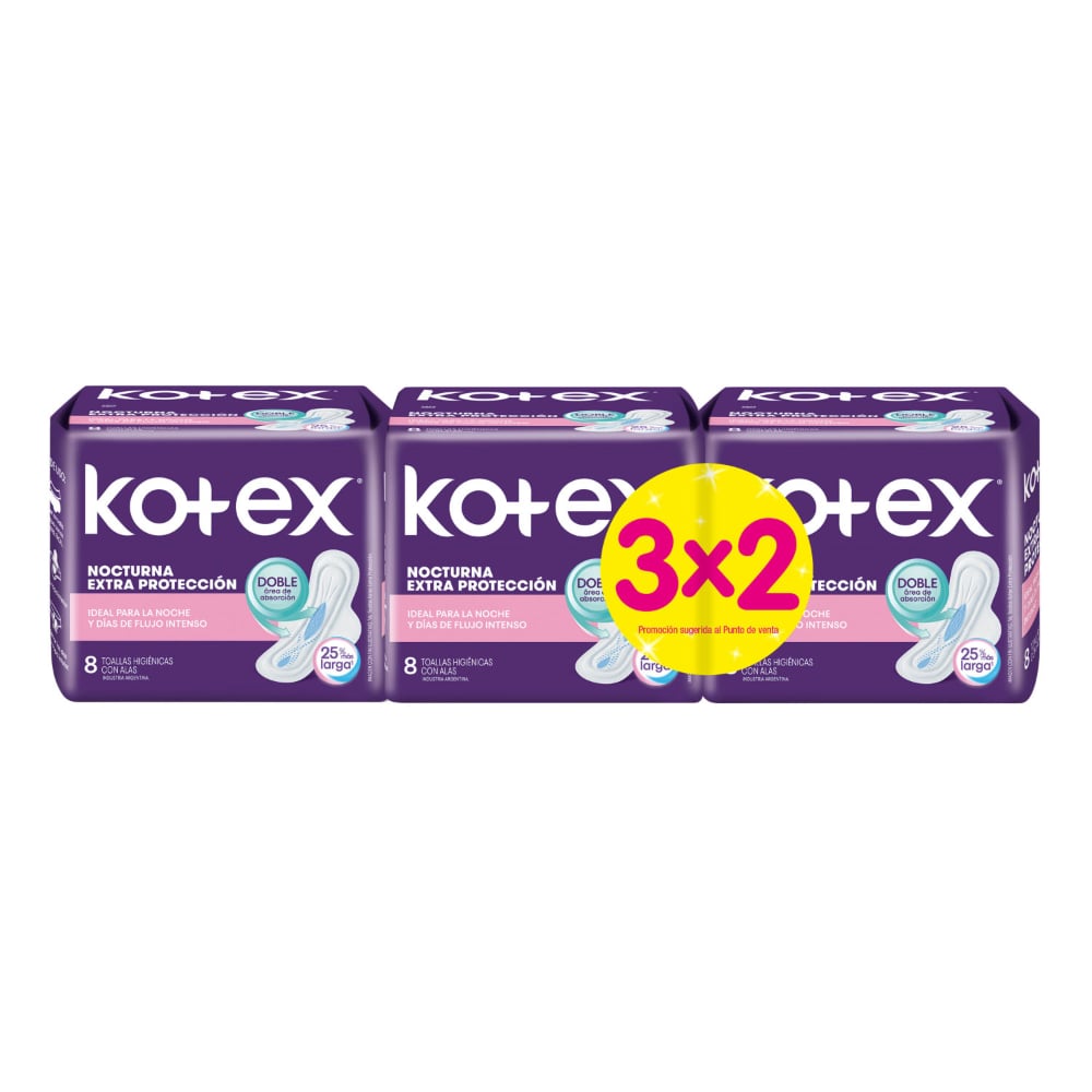 TOALLAS FEMENINAS KOTEX NOCTURNA 3X2 PAQUETES.