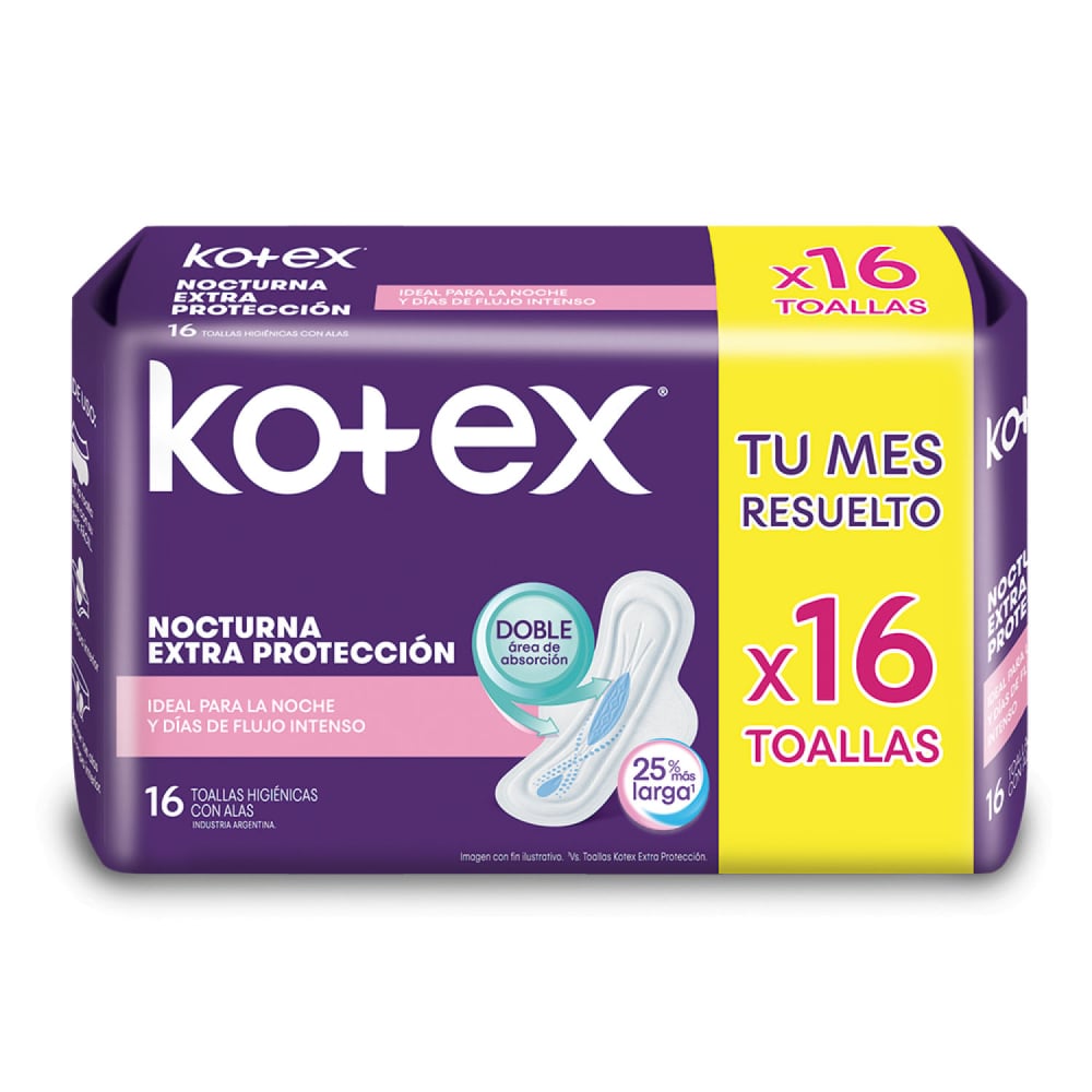 TOALLAS FEMENINAS KOTEX NORCTURNA X16 UNIDADES.