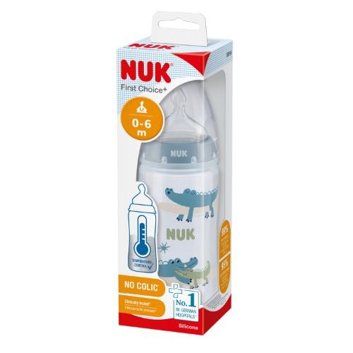 Mamadera Nuk First Choice Con Tetina Silicona Control Temperatura Azul 300 Ml