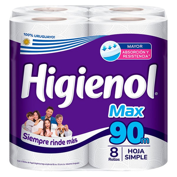 Papel Higiénico Higienol Max Hoja Simple 90 M 8 Rollos