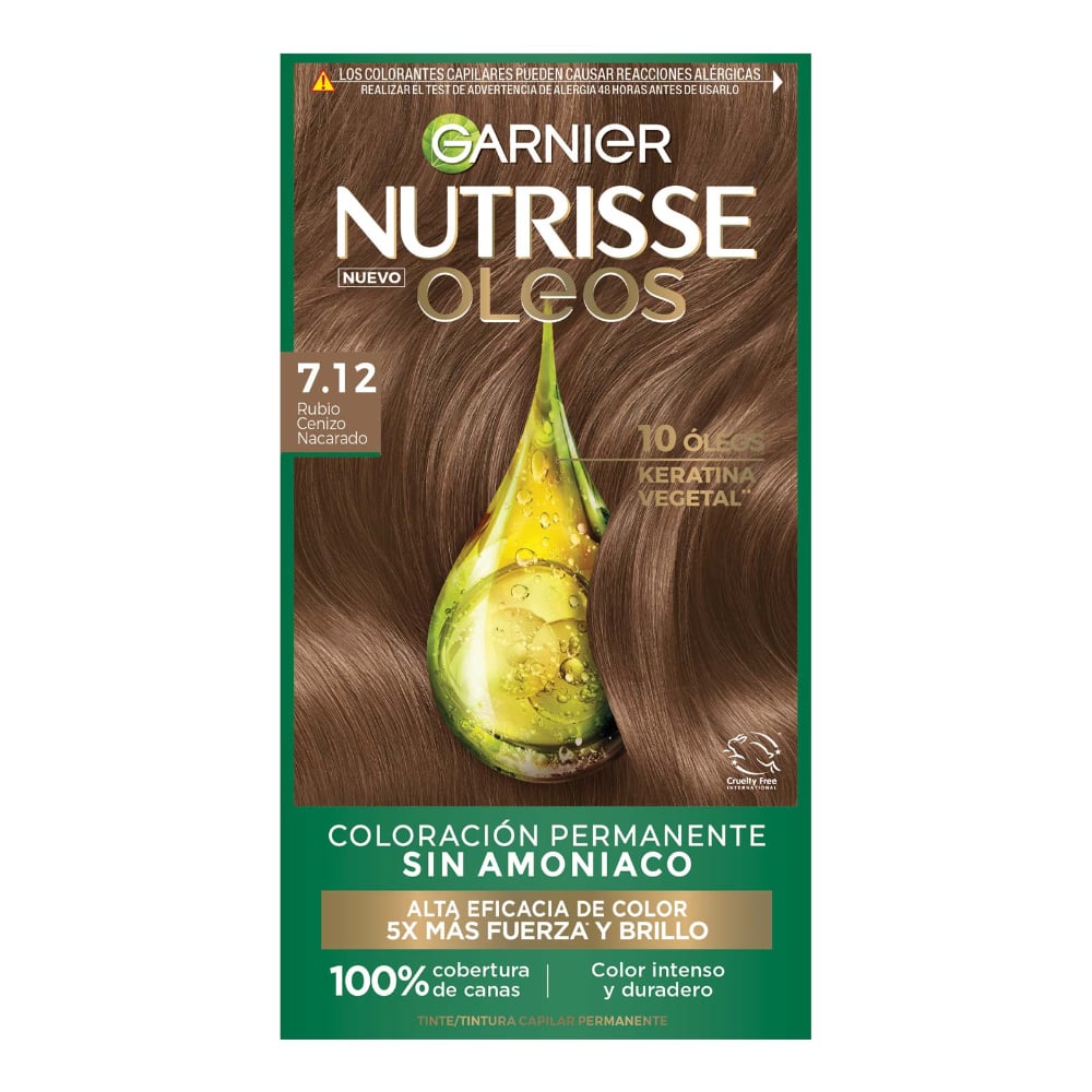 Tinta Garnier Nutrisse óleos N°7.12 Rubio Cenizo Nacarado