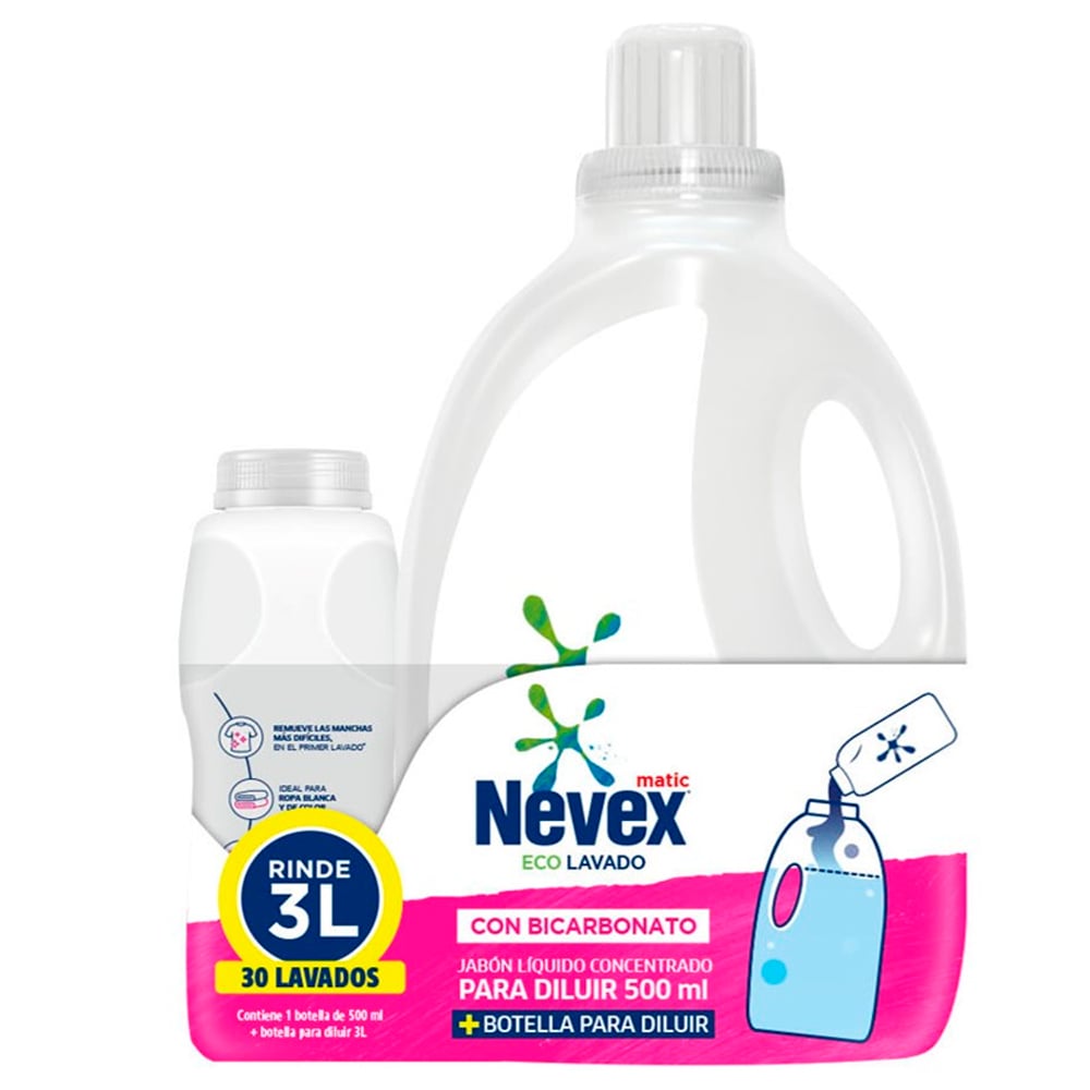 Jabón Líquido Para Ropa Nevex Diluible Bicarbonato 500 Ml + Botella