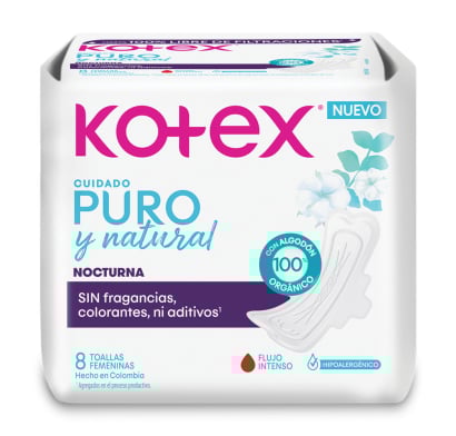 Toallitas Femeninas Nocturna Kotex Puro y Natural 8 Unidades