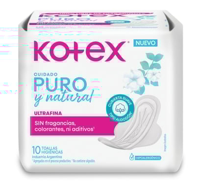 Toallitas Femeninas Kotex Ultra Fina Puro y Natural 10 Unidades