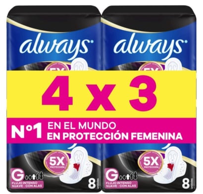 Toallitas Femeninas Always Noche Plus con Alas G 8 Unidades 4 Paquetes