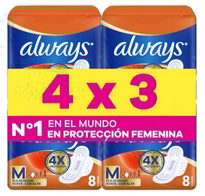 Toallitas Femeninas Always Maxi Diurna con Alas M 8 Unidades 4 Paquetes