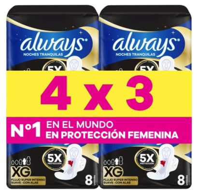 Toallitas Femeninas Always Noche Plus con Alas XG 8 Unidades 4 Paquetes