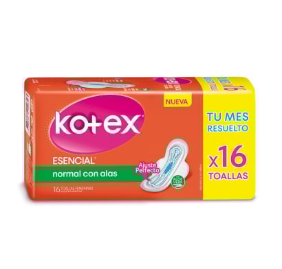 Toallitas Femeninas Kotex Esencial Normal con Alas 16 Unidades