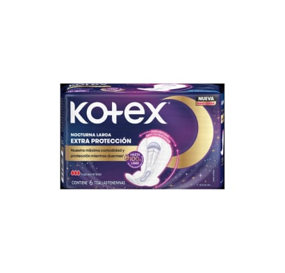 Toallitas Femeninas Kotex Nocturna Extra Protección con Alas 6 Unidades