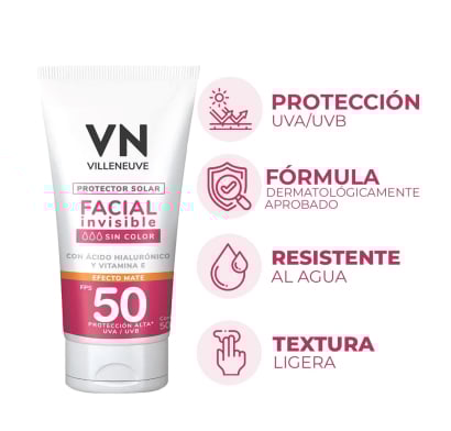 Protector Solar Villeneuve Facial Invisible sin Color FPS50+ 50 ml 