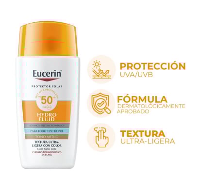 Protector Solar Eucerin Sun Hydro Fluid con Color Tono Medio FPS50+ 50 ml