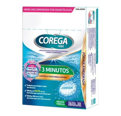 Tabletas Limpiadoras Corega 3 Minutos con Microburbujas Activas 30 Unidades