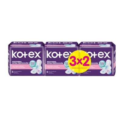 TOALLAS FEMENINAS KOTEX NOCTURNA 3X2 PAQUETES.
