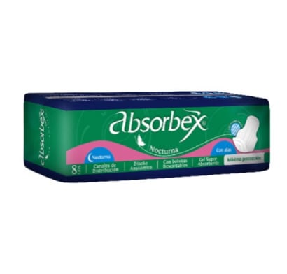 TOALLAS FEMENINAS ABSORBEX NOCTURNA X8 UNIDADES.