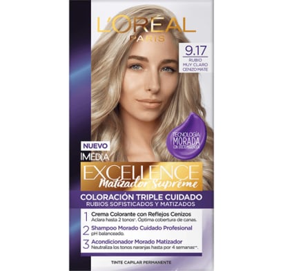 Tinta L'Oréal Paris Excellence Matizador Supreme N°9.17 rubio Muy Claro Cenizo Mate