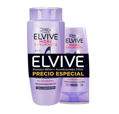 Pack Shampoo Elvive Hidra Rellenador con ácido Hialurónico 680 ml + Acondicionador 370 ml