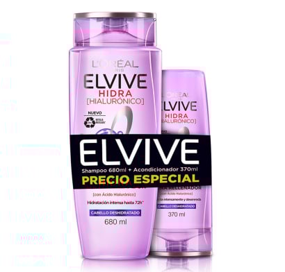 Pack Shampoo Elvive Hidra Rellenador con ácido Hialurónico 680 ml + Acondicionador 370 ml