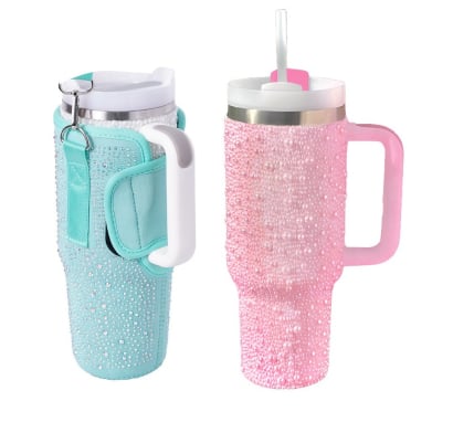 Combo Farma Hogar Vaso con Perlas 1.18 l Colores Surtidos y Funda para Vaso con Brillos Verde 