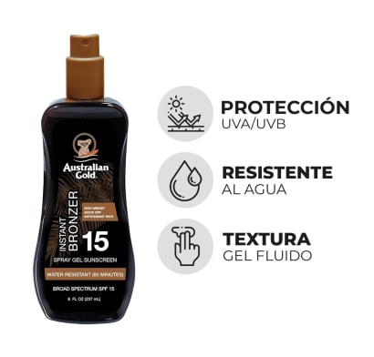 Australian Gold Spray Gel Solar con Bronzer FPS 15 en formato spray