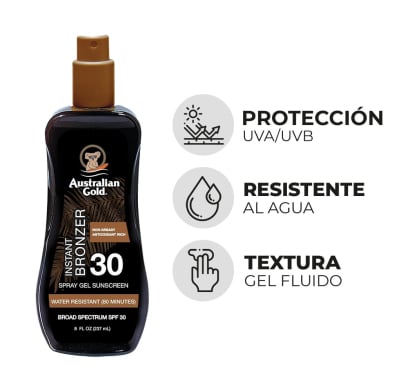 Australian Gold Spray Gel Solar con Bronzer FPS 30 Alta Protección