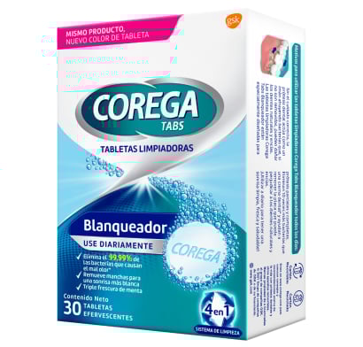 Tabletas Corega Limpiadoras Blanqueadoras 30 Unidades