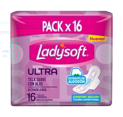 Toallitas Femeninas Ladysoft Ultra Delgada con Alas 16 Unidades