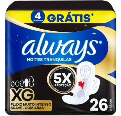 Toallitas Femeninas Always Nocturnas Plus con Alas XG 26 Unidades