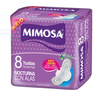 Toallitas Femeninas Mimosa Nocturnas con Alas 8 Unidades