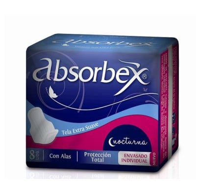 TOALLAS FEMENINAS ABSORBEX NOCTURNA EXTRAS X8 UNIDADES.