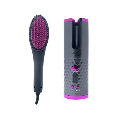 Combo Beauty Style Cepillo Alisador Eléctrico + Rizador de Pelo Inalámbrico Rosa