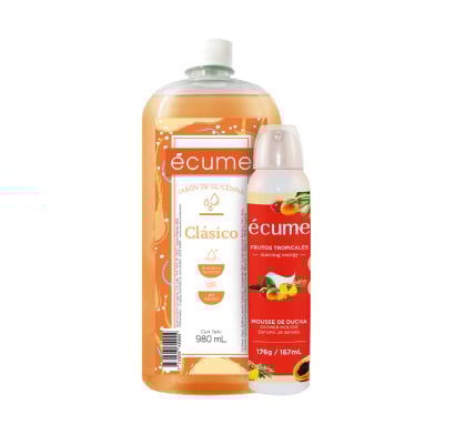 Jabón Líquido Écume Clásico para Manos Refill 980 ml + Mousse de Ducha Frutos Tropicales Corporal 167 ml