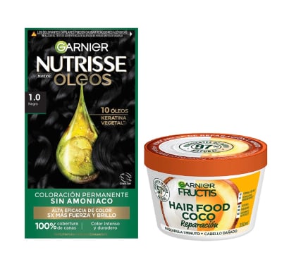 Combo Garnier Mascarilla Capilar Fructis Hair Food Coco 350 ml y Tinta Nutrisse Óleos N°1.0 Negro