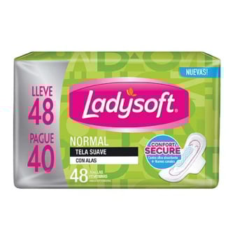 TOALLAS FEMENINAS LADYSOFT NORMAL CON ALAS X48 UNIDADES