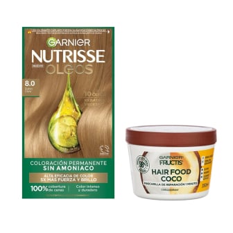 Combo Garnier Tinta Nutrisse óleos N°8.0 Rubio Claro y Mascarilla Capilar Fructis Hair Food Coco 350 ml