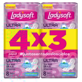 TOALLAS FEMENINAS LADYSOFT ULTRA DELGADA X8 UNIDADES 4X3 PAQUETES.