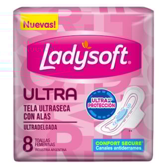 Toallitas Femeninas Ladysoft Ultradelgada Dual con Alas 8 Unidades