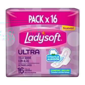 Toallitas Femeninas Ladysoft Ultra Delgada con Alas 16 Unidades