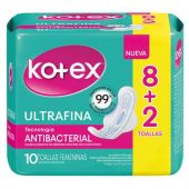 Toallitas Femeninas Kotex Ultrafina Antibacterial Con Alas 10 Unidades