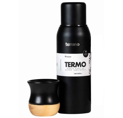 Set Terrano Mate De Cerámica Negro Y Termo 750 Ml